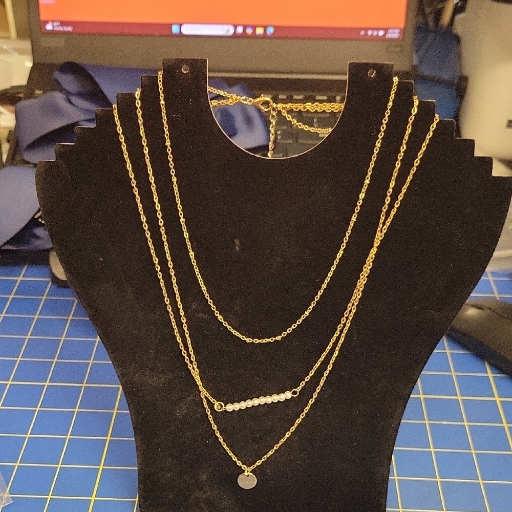 Pearl Faux Bar Gold Tone 3 Strand Layered Necklace